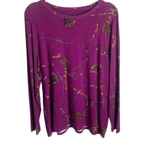 Chico's Size 2 Long Sleeve Equestrian Chain Print Shirt Purple Gold Large Soft